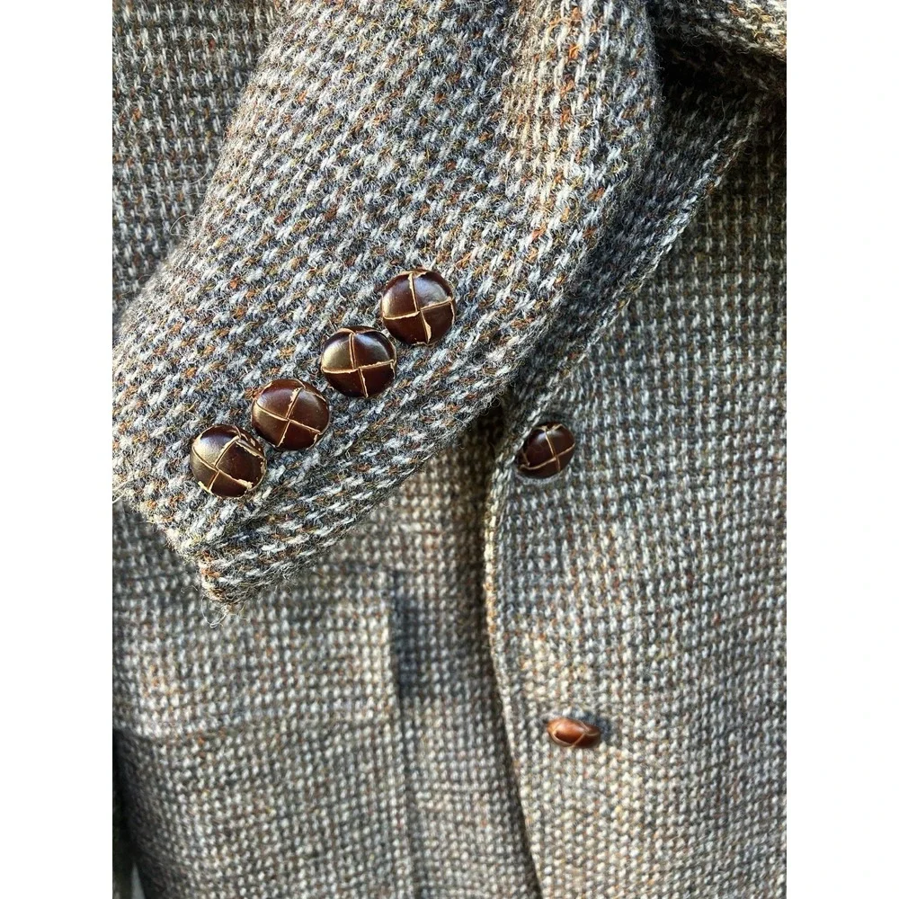 Harris Tweed Vintage Wool Blazer Jacket 40 Oxford Shop Leather Buttons Brown